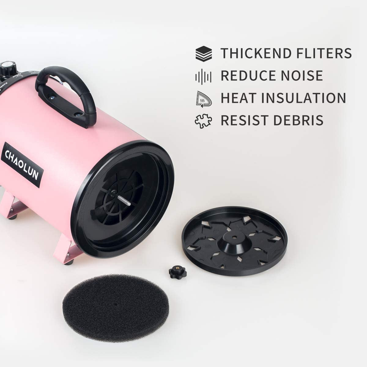Dog Dryer for Pet Grooming, High Velocity Pet Hair Dryer with Heater, Adjustable Speed, 3 Nozzles and a Comb, Pink